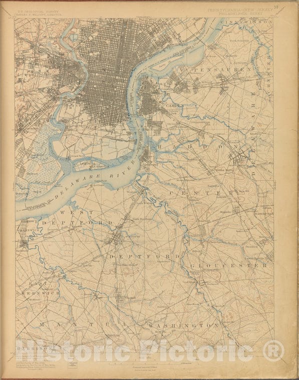 Historic 1899-1926. Map - Philadelphia, Survey Of 1894, Ed. Of 1898, Repr. 1905. - Topographical Maps Of New Jersey - Vintage Wall Art