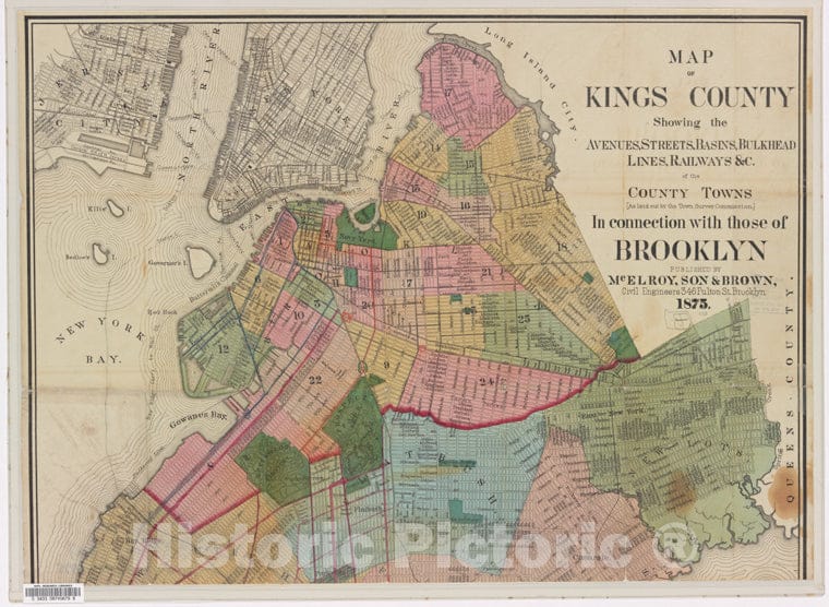 Historic 1875 Map - Map Of Kings County Showing The Avenues, Streets A& Aof The - Brooklyn (New York, N.Y.) Maps Of New York City And State - Brooklyn - Vintage Wall Art