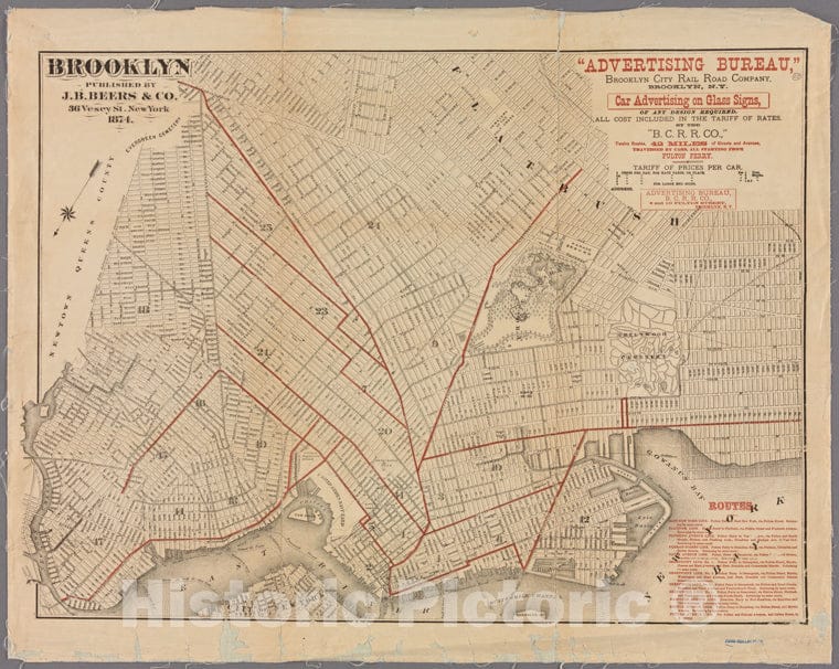 Historic 1874 Map - Brooklyn. - Brooklyn (New York, N.Y.) Maps Of New York City And State - Brooklyn - Vintage Wall Art