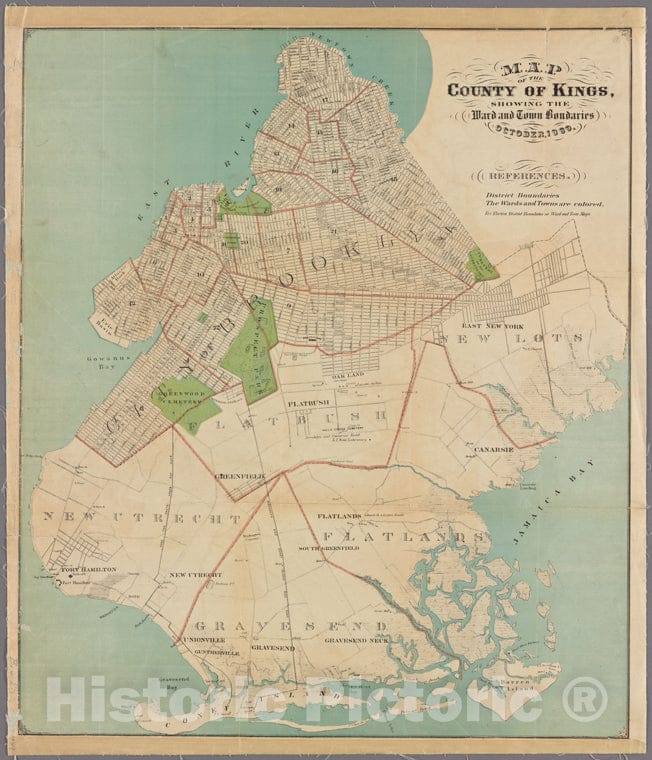 Historic 1869 Map - Map Of The County Of Kings Showing The Ward And Town Boundaries. - Brooklyn (New York, N.Y.) Maps Of New York City And State - Brooklyn - Vintage Wall Art