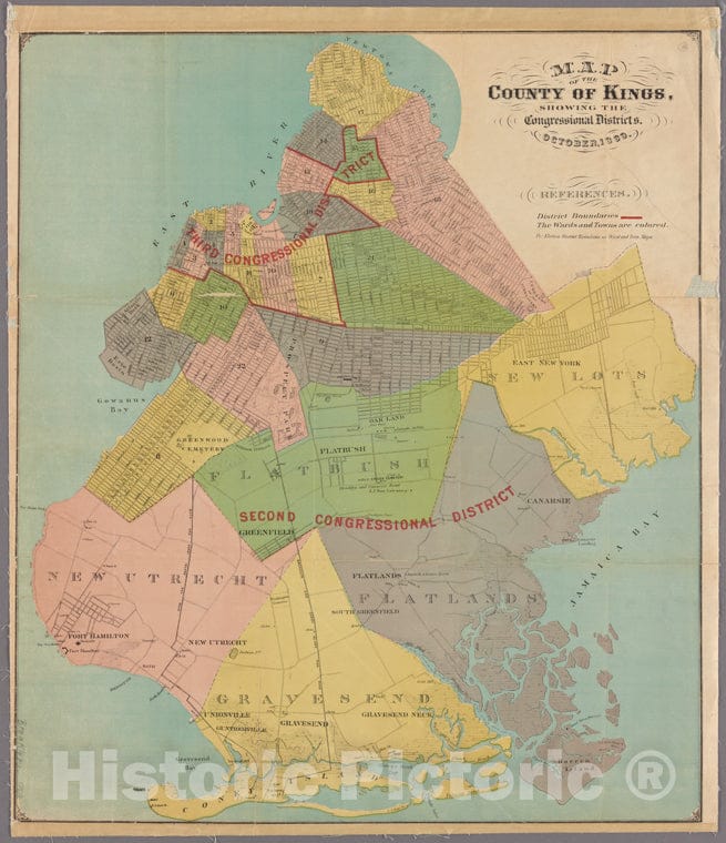 Historic 1869 Map - Map Of The County Of Kings Showing The Congressional Districts. - Brooklyn (New York, N.Y.) Maps Of New York City And State - Brooklyn - Vintage Wall Art