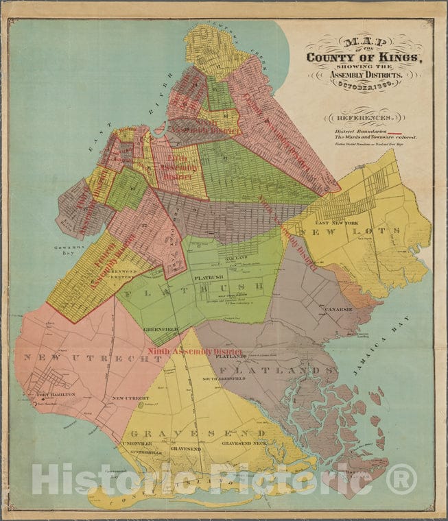 Historic 1869 Map - Map Of The County Of Kings Showing The Assembly Districts. - Brooklyn (New York, N.Y.) Maps Of New York City And State - Brooklyn - Vintage Wall Art