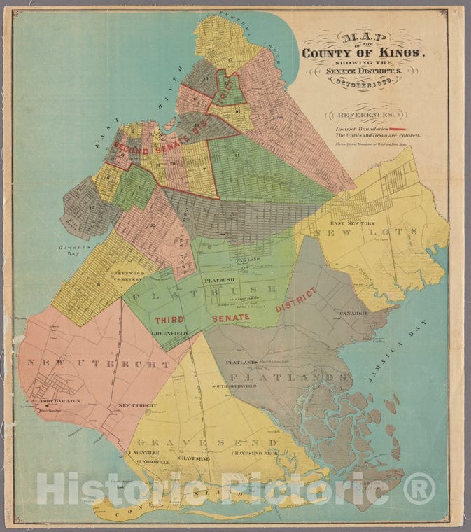 Historic 1869 Map - Map Of The County Of Kings Showing The Senate Districts - Brooklyn (New York, N.Y.) Maps Of New York City And State - Brooklyn - Vintage Wall Art