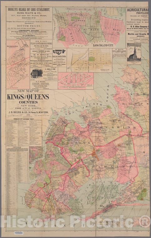 Historic 1886 Map - New Map Of Kings And Queens Counties : From Actual Surveys. - Brooklyn (New York, N.Y.) Maps Of New York City And State - Brooklyn - Vintage Wall Art