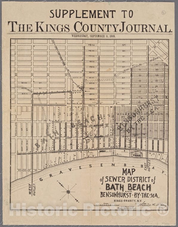 Historic 1889 Map - Map Of Sewer District Of Bath Beach And Bensonhurst-By-The-Sea. - Brooklyn (New York, N.Y.) Maps Of New York City And State - Brooklyn - Vintage Wall Art