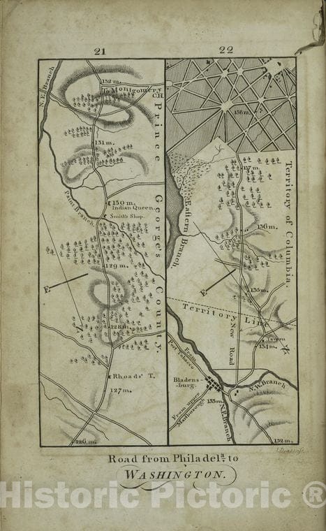 Historic 1802 Map - Road From Philadelphia To Washington. - Vintage Wall Art