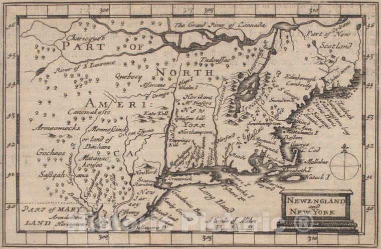 Historic 1676 Map - Newengland And New York. - Vintage Wall Art