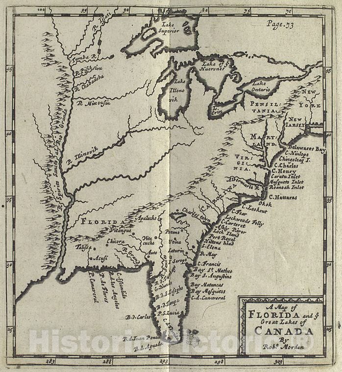 Historic 1700 Map - A Map Of Florida And Ye Great Lakes Of Canada - Vintage Wall Art