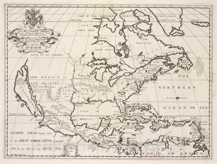 Historic Map - 1700 England, A New Map Of North America Shewing Its Principal Divisions, Chief Cities, Townes, Rivers, Mountains & C. - Vintage Wall Art