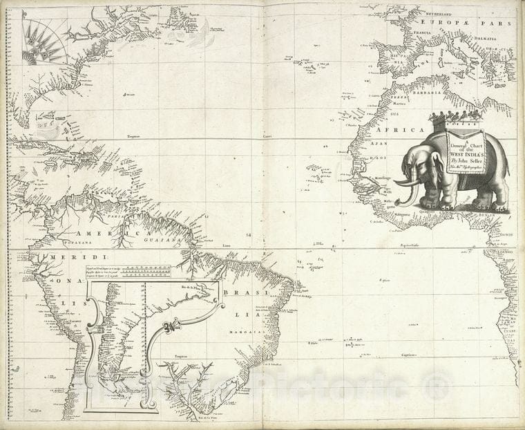 Historic 1675 Map - A General Chart Of The West India'S - Atlantic Ocean - Atlas Maritimus, Or, A Book Of Charts - Vintage Wall Art