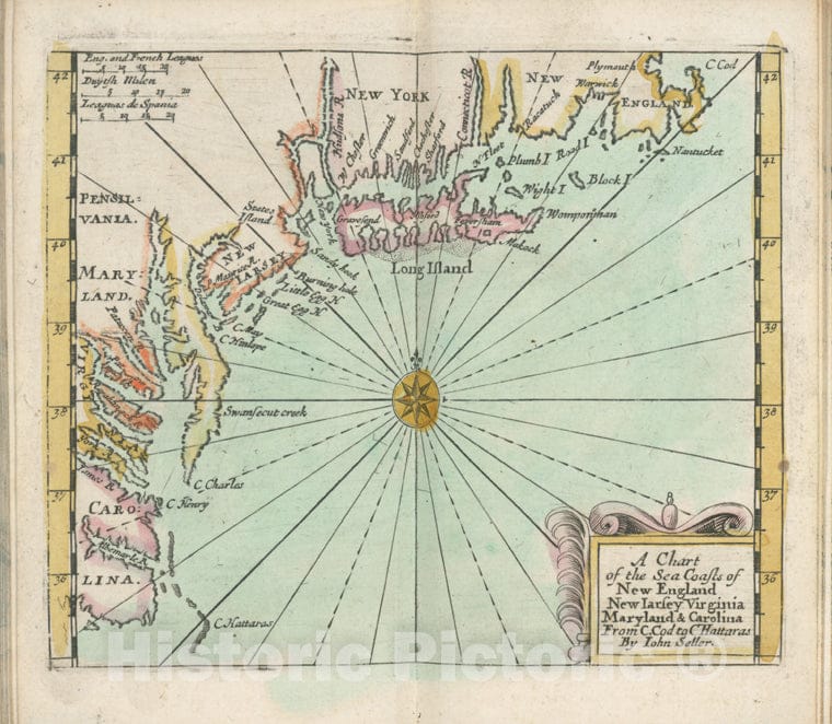 Historic 1682 Map - A Chart Of The Sea Coasts Of New England, New Iarsey, Virginia, Vintage Wall Art