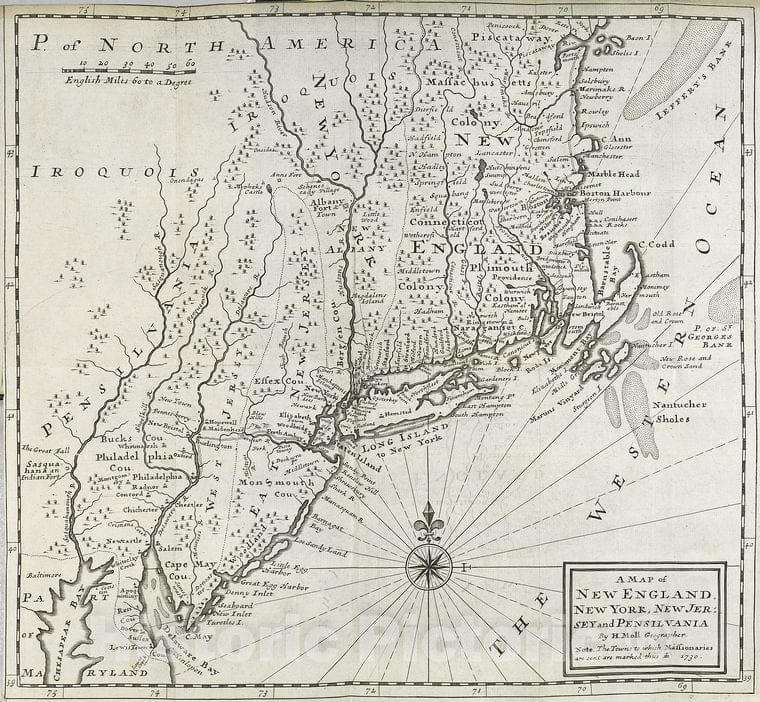 Historic 1730 Map - A Map Of New England, New York, New Jersey And Pensilvania - Vintage Wall Art