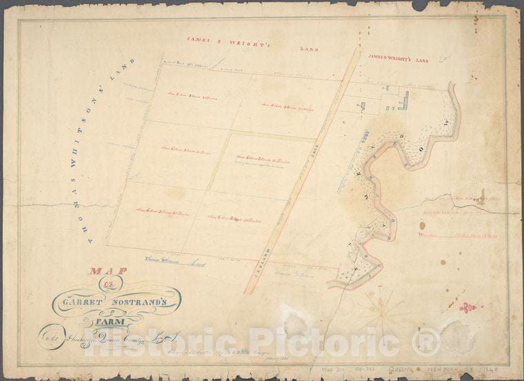 Historic 1848 Map - Map Of Garret Nostrand'S Farm At Flushing, In Queens County, L.I - Vintage Wall Art