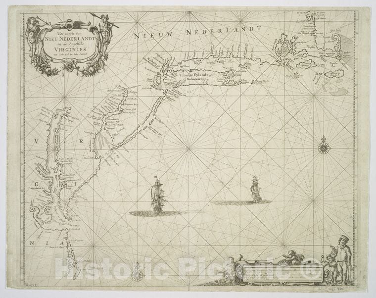 Historic Map - 1676 New England, Pas Caerte Van Nieu Nederlandt En De Engelsche Virginies : Van Cabo Cod Tot Cabo Canrick - Vintage Wall Art