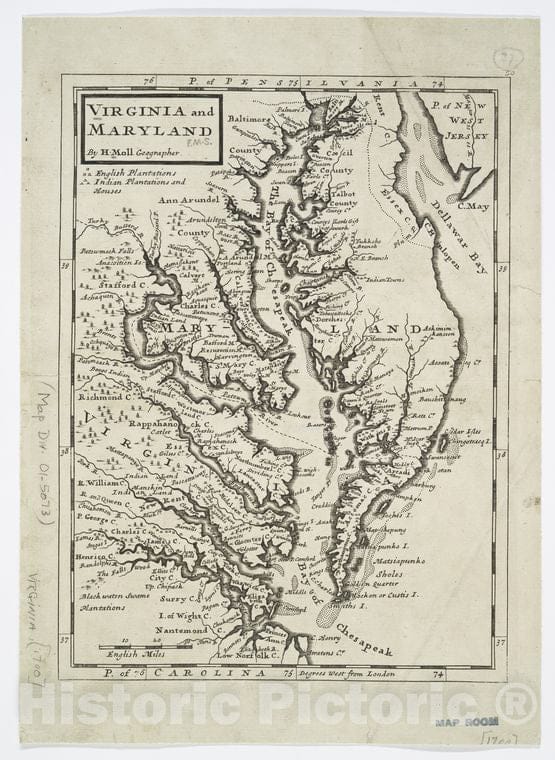 Historic 1732 Map - Virginia And Maryland - Maryland - Maps - Early Works To 1800 - Virginia - Maps - Early Works To 1800Maps Of North America. - Vintage Wall Art