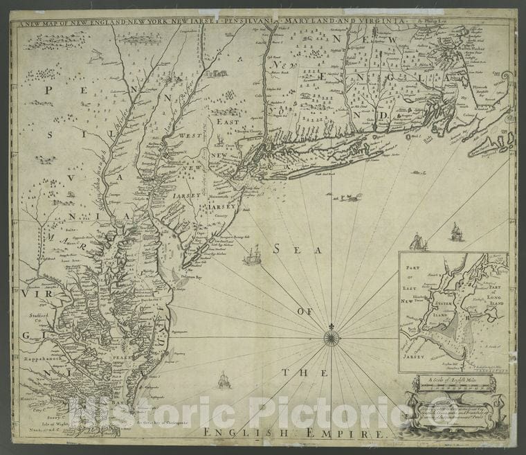 Historic 1690 Map - A New Map Of New England, New York, New Iarsey, Pensilvania, Mar - Vintage Wall Art