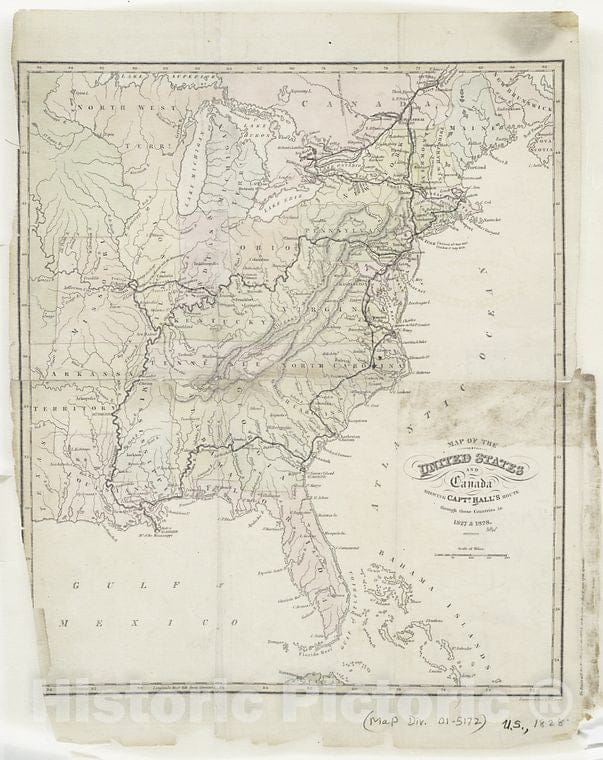 Historic Map - 1829 Map Of The United States And Canada : Shewing Captn. Hall'S Route Through Those Countries In 1827 & 1828 - Vintage Wall Art