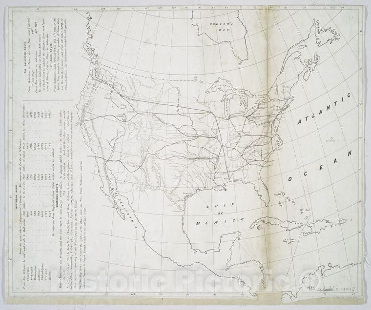 Historic Map - 1850 Map Of The United States, Showing The Proposed Railroad Routes From Coast To Coast, With Table Of Distances, Etc. - Vintage Wall Art