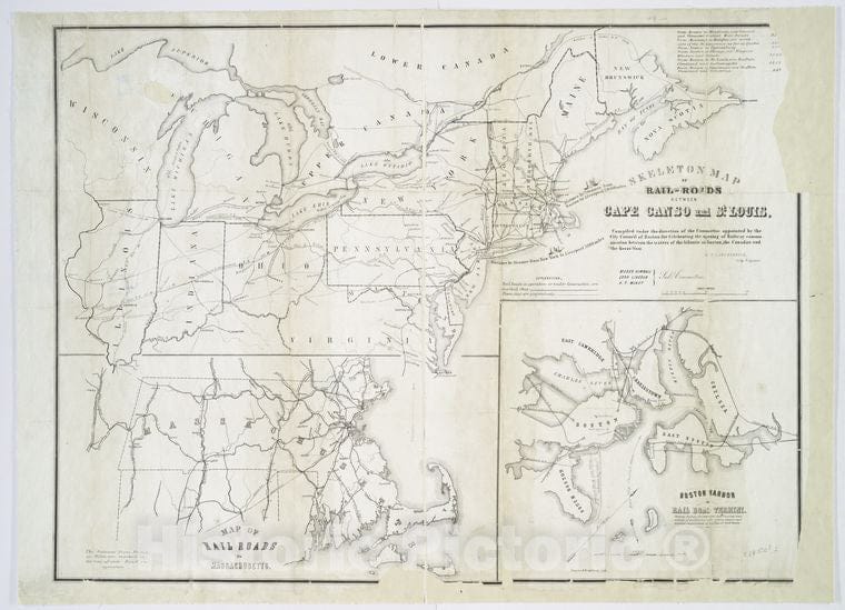 Historic 1851 Map - Skeleton Map Of Rail-Roads Between Cape Canso And St. Louis - Northeastern States - United Statesmaps Of North America. - Vintage Wall Art