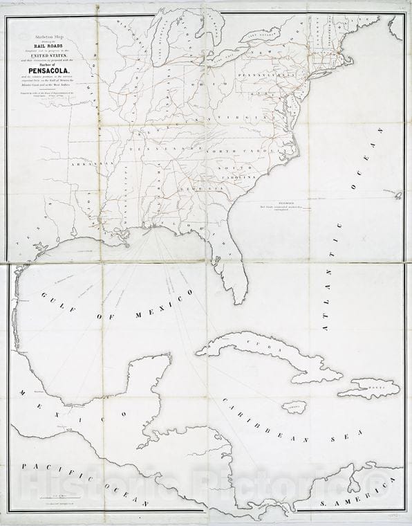 Historic 1849 Map - Skeleton Map Showing The Rail Roads Completed And In Progress In - United Statesmaps Of North America. - Vintage Wall Art