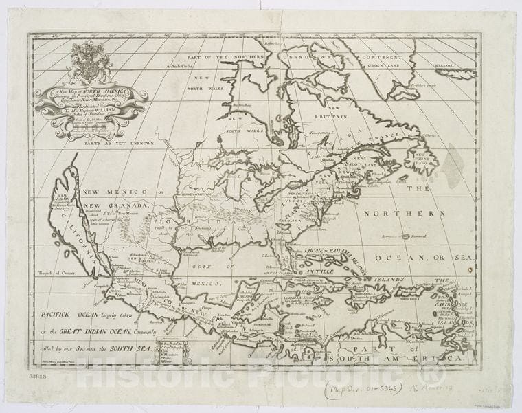 Historic 1719 Map - A New Map Of North America Shewing Its Principal Divisions, Chie - Vintage Wall Art