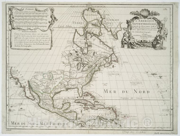 Historic Map - 1700 North America, L'Amerique Septentrionale : Dressee Sur Les Observations De Mrs. De L'Academie Royale Des Sciences - Vintage Wall Art