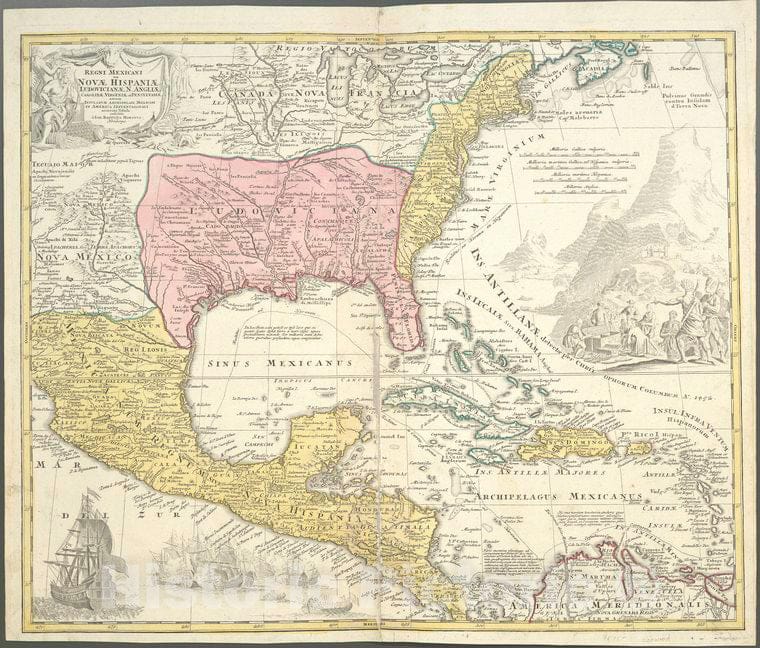 Historic Map - C1721 New Spain, North America, Regni Mexicani Seu Novae Hispaniae, Ludovicianae, N. Angliae, Carolinae, Virginiae, Pensylvaniae - Vintage Wall Art