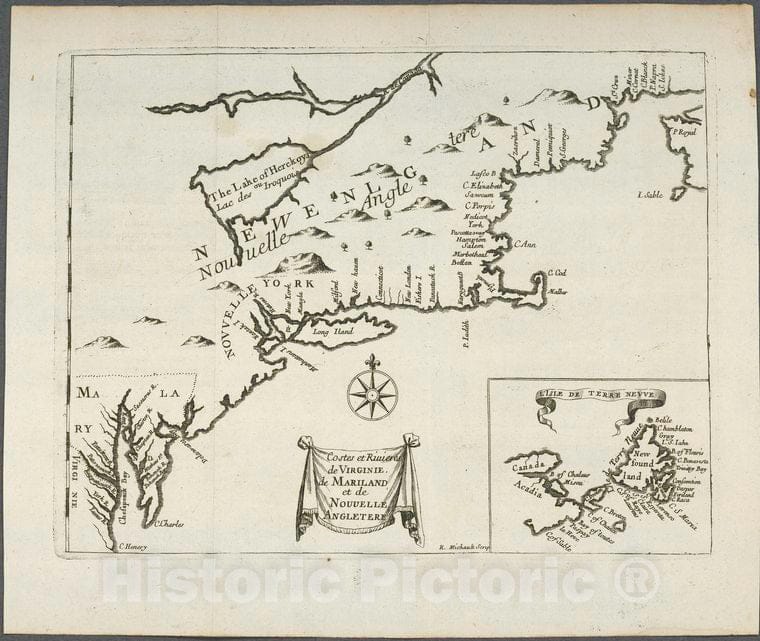 Historic Map - 1674 New England, Costes Et Rivieres De Virginie, De Mariland, Et De Nouvelle Angletere - Vintage Wall Art