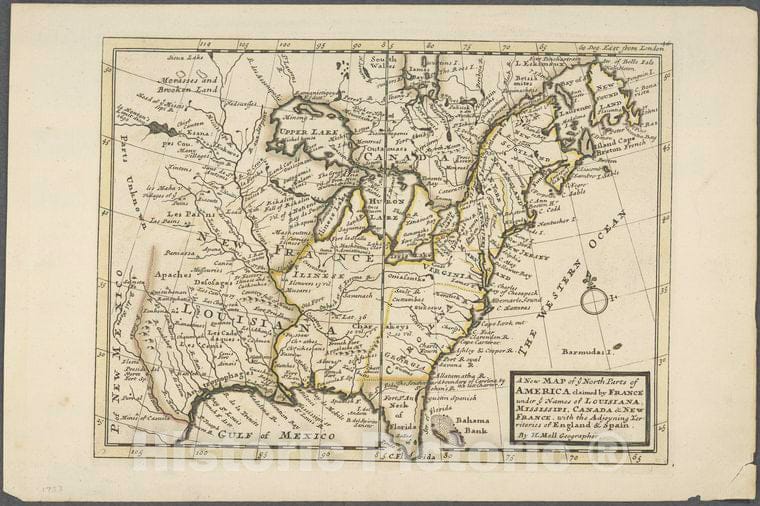 Historic 1732 Map - A New Map Of Ye North Parts Of America Claimed By France : Under - North America - Maps - Early Works To 1800 - Charts And Maps - Vintage Wall Art