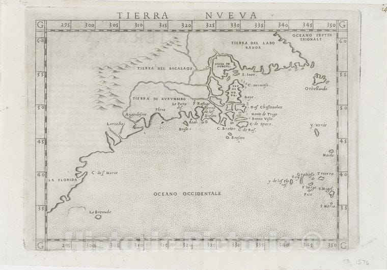 Historic 1574 Map - Tierra Nveva. - North America - Maps - Early Works To 1800 - Charts And Maps - Vintage Wall Art