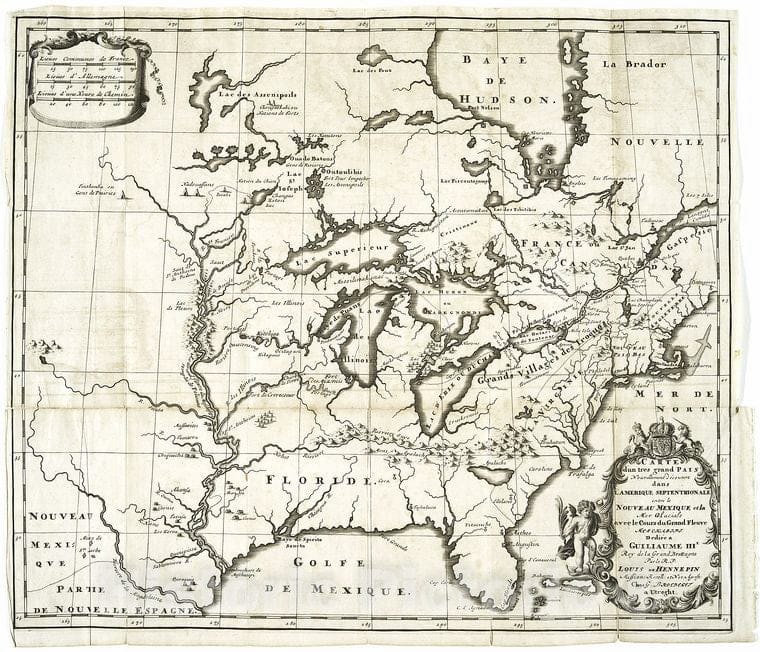 Historic Map - 1697 North America, Between New Mexico, And The Icy Sea: With The Cours Du Grand Fleuve Meschasipi - Vintage Wall Art