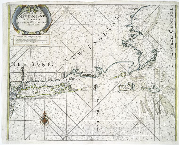 Historic 1706 Map - A Chart Of Ye Coast Of New England, New York And Long Island Fro - Vintage Wall Art