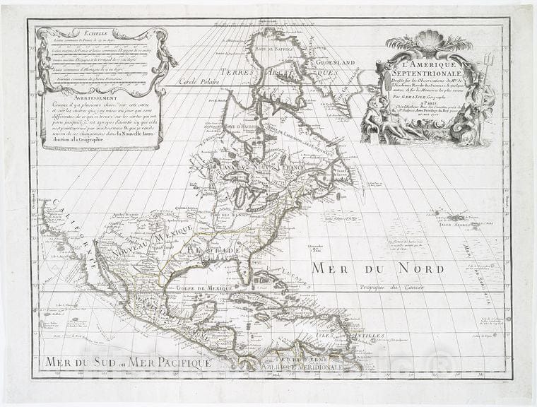 Historic 1700 Map - L'Amerique Septentrionale : Dressee Sur Les Observations De Mrs. - North America - Maps - Early Works To 1800 - Charts And Maps - Vintage Wall Art