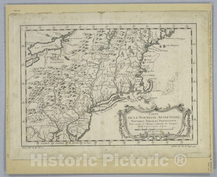 Historic Map - 1757 New England, Carte De La Nouvelle Angleterre, Nouvelle Yorck, Et Pensilvanie : Pour Servira L'Histoire Generale Des Voyages - Vintage Wall Art