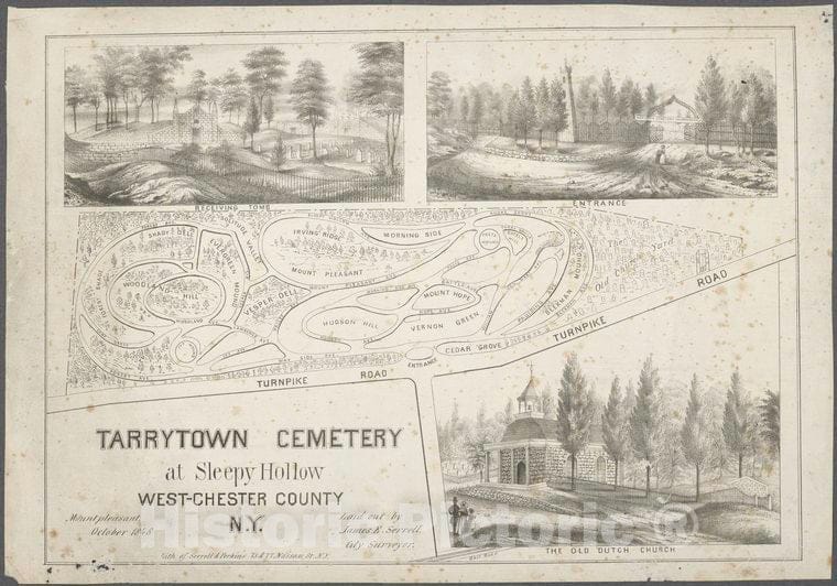 Historic 1848 Map - Tarrytown Cemetery At Sleepy Hollow, West-Chester County, N.Y.Maps Of New York City And State - Cities And Towns, A-Z - Vintage Wall Art