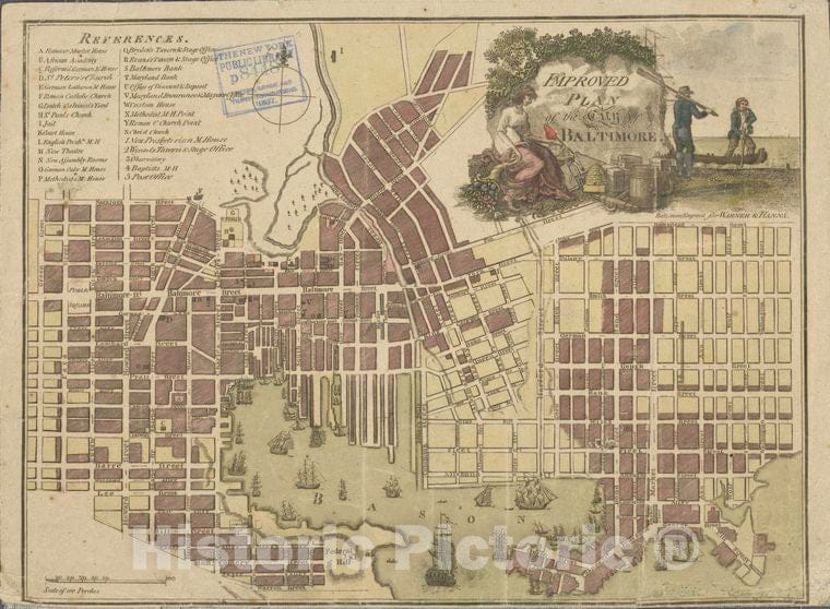 Historic 1805 Map - Improved Plan Of The City Of Baltimore. - Baltimore (Md.) - Maps - Marylandmaps Of North America. - Maryland - Vintage Wall Art