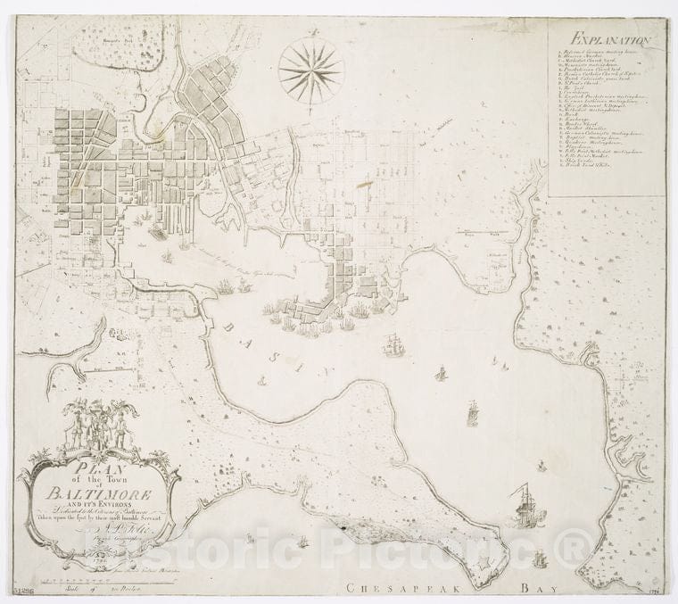 Historic 1792 Map - Plan Of The Town Of Baltimore And It'S  Environs - Baltimore (Md.) - Maps - Early Works To 1800Maps Of North America. - Maryland - Vintage Wall Art