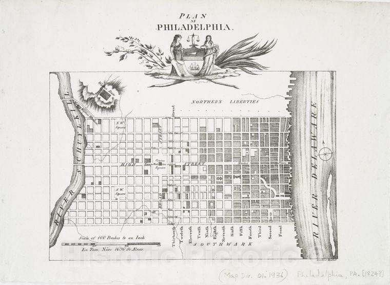 Historic 1824 Map - Plan Af Philadelphia - Philadelphia (Pa.) - Maps Of North America. - Philadelphia - Vintage Wall Art