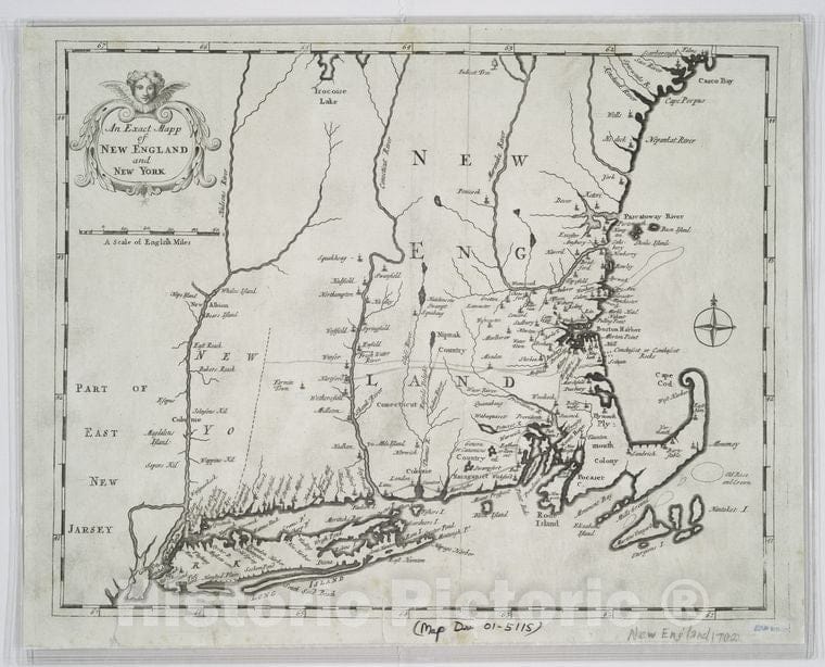 Historic 1702 Map - An Exact Mapp Of New England And New York. - Vintage Wall Art