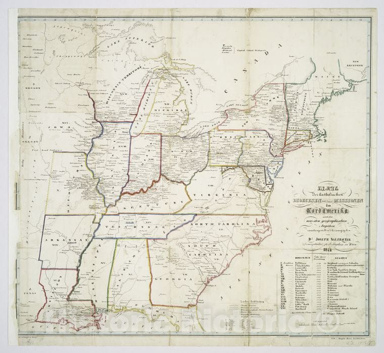 Historic 1845 Map - Karte Der Katholischen Dioecesen Und Deren Missionen In Nordamerika - United Statesmaps Of North America. - Vintage Wall Art