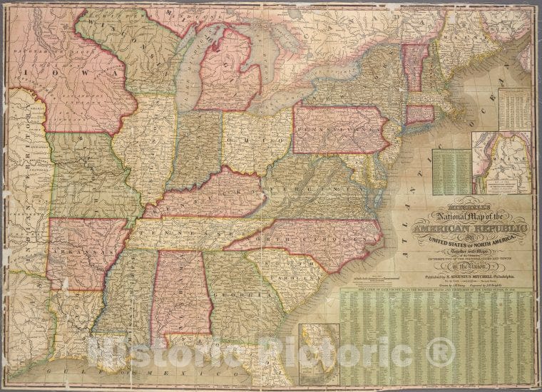 Historic 1843 Map - Mitchell'S National Map Of The American Republic : Or United Sta - United States - Maps Of North America. - Vintage Wall Art