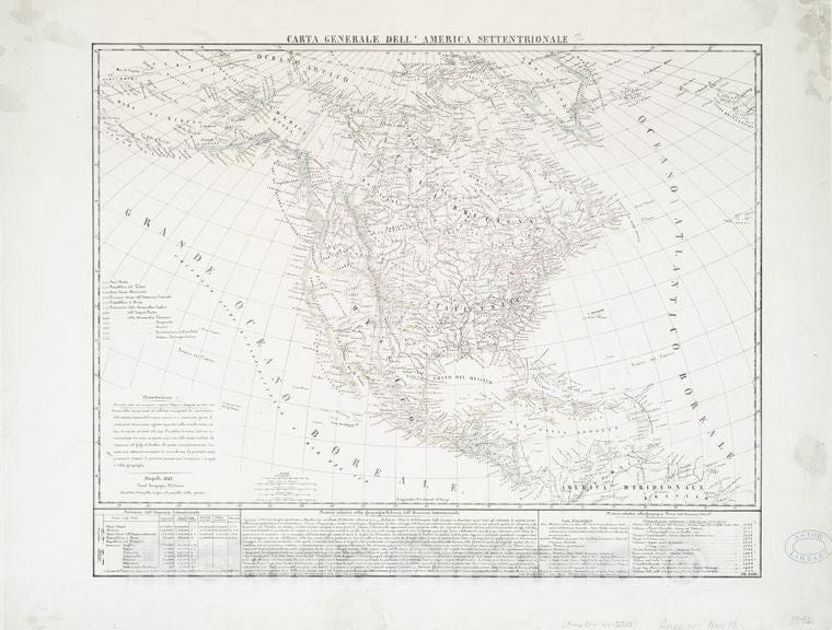 Historic 1842 Map - Carta Generale Dell' America Settentrionale. - North America - North America - Maps Of North America. - Vintage Wall Art