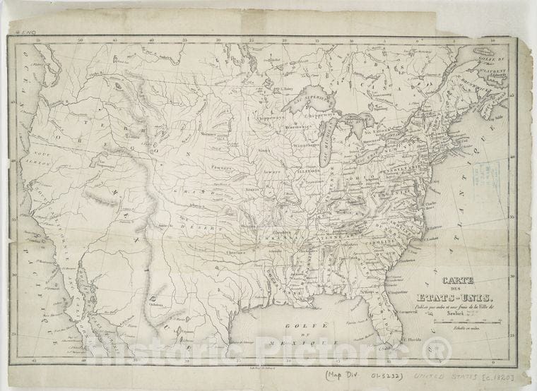 Historic 1820 Map - Carte Des Etats-Unis. - United States - Maps Of North America. - - Vintage Wall Art