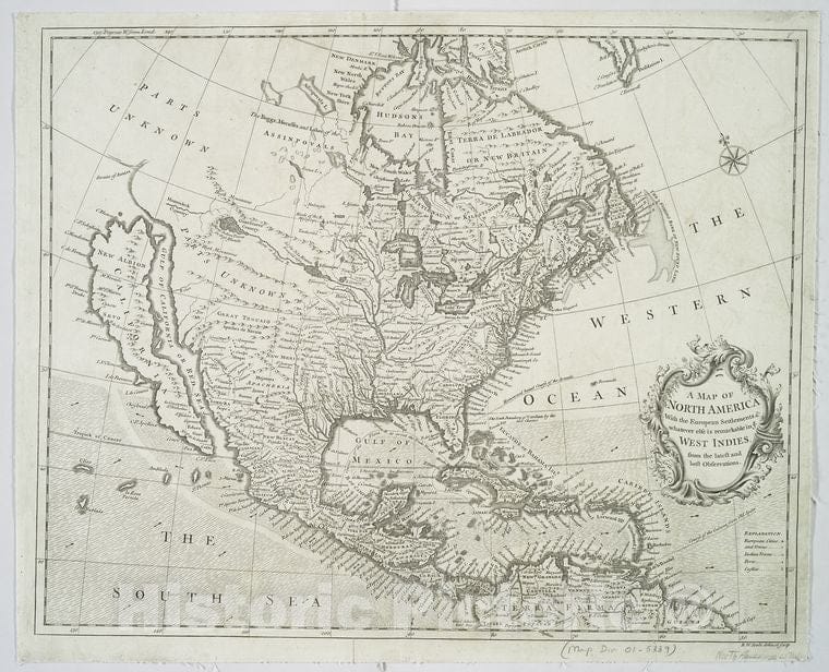 Historic 1744 Map - A Map Of North America With The European Settlements & Whatever - North America - Maps - Early Works To 1800Maps Of North America. - Vintage Wall Art