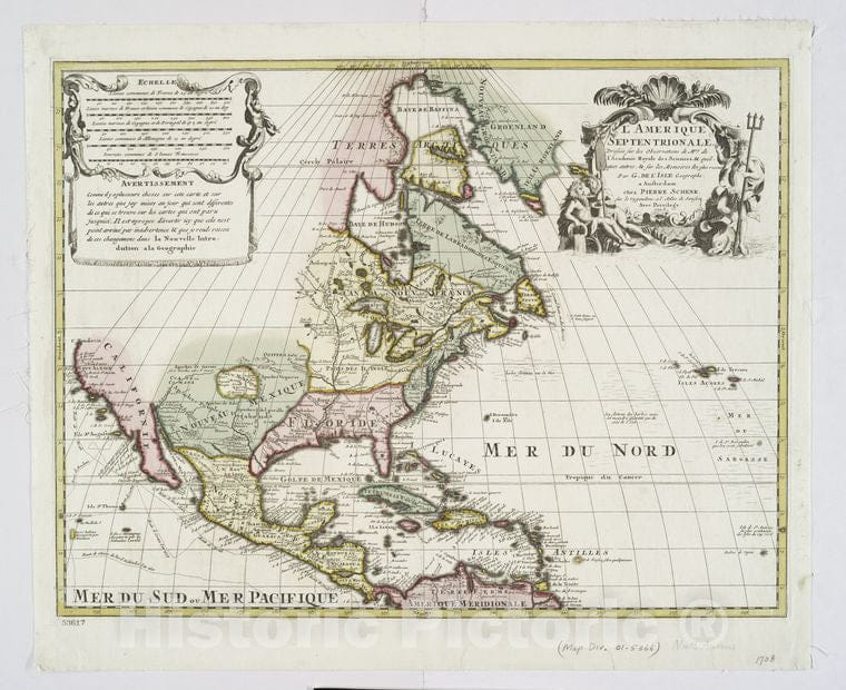 Historic Map - 1708 North America, L'Amerique Septentrionale : Dressee Sur Les Observations De Mrs. De L'Academie Royale Des Sciences - Vintage Wall Art