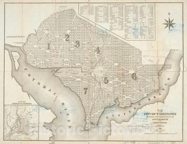 Historic Map - 1850 Map Of The City Of Washington : Established As The Permanent Seat Of The Government Of The United States Of America - Vintage Wall Art