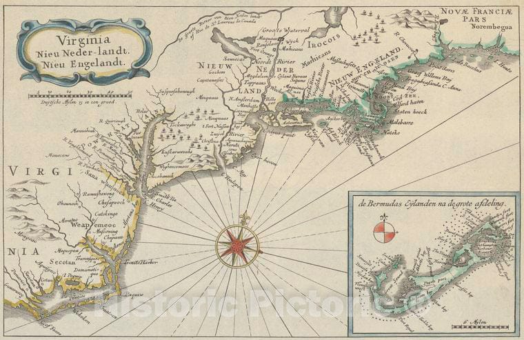 Historic 1669 Map - Virginia, Nieu Neder-Landt, Nieu Englandt. - Vintage Wall Art