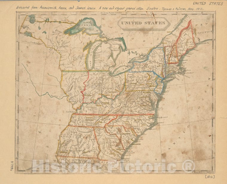 Historic 1812 Map - United States. - United States - Maps-Maps Of North America. - Vintage Wall Art