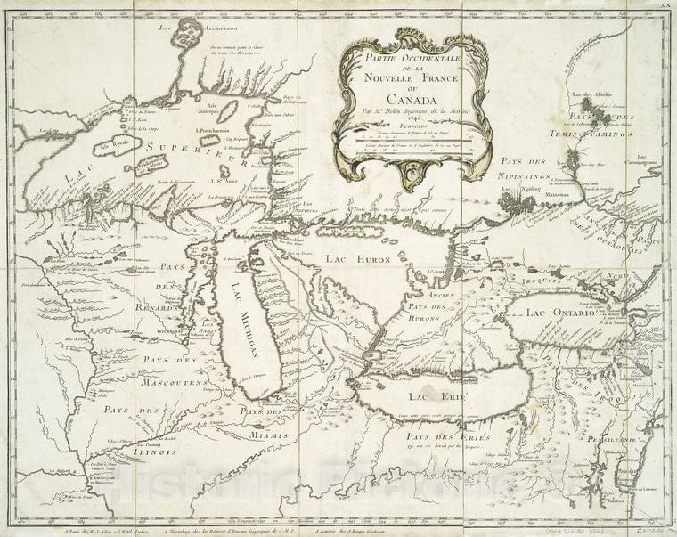 Historic 1745 Map - Partie Occidentale De La Nouvelle France Ou Canada - Vintage Wall Art