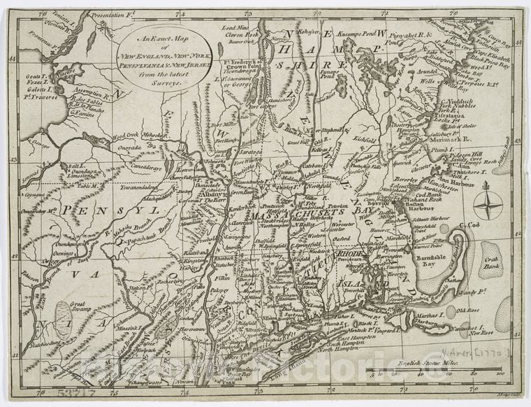 Historic 1778 Map - An Exact Map Of New England, New York, Pensylvania & New Jersey, Vintage Wall Art